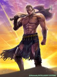 Rule 34 | 1boy, abs, artist name, axe, bandages, blonde hair, copyright name, facial mark, fire emblem, fire emblem cipher, gloves, hawkeye (fire emblem), jewelry, long hair, low ponytail, male focus, manly, navel, necklace, nintendo, official art, sand, topless male, single glove, soeda ippei, solo, sun