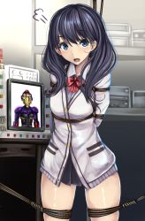 Rule 34 | 1girl, bdsm, black hair, black skirt, blue eyes, bondage, bound, bow, breasts, cardigan, commentary request, gridman universe, highres, long hair, looking at viewer, medium breasts, monikano, pleated skirt, red bow, restrained, school uniform, shirt, skirt, solo, ssss.gridman, takarada rikka, white cardigan, white shirt