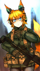 Rule 34 | 1girl, animal ears, bad id, bad pixiv id, battle rifle, blonde hair, blue eyes, earmuffs, extra ears, four ears, gloves, gun, highres, holding, holding gun, holding weapon, load bearing vest, m14, military, military operator, mozilla firefox, original, os-tan, personification, rifle, short hair, sigama, solo, tail, trigger discipline, weapon