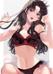 Rule 34 | 1girl, black hair, blue eyes, bra, breasts, collarbone, fate/stay night, fate (series), head tilt, highres, lace, lace-trimmed bra, lace-trimmed panties, lace trim, long hair, looking at viewer, medium breasts, navel, open mouth, panties, parted bangs, shimatori (sanyyyy), sitting, solo, tohsaka rin, underwear, underwear only