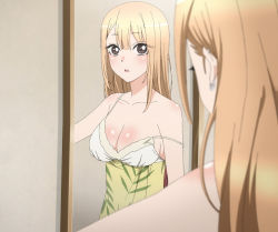 Rule 34 | 1girl, blonde hair, breasts, brown eyes, cleavage, collarbone, ear piercing, earrings, highres, jewelry, kitagawa marin, large breasts, long hair, mirror, nightgown, no bra, off shoulder, open mouth, opening door, piercing, reflection, screencap, sleepwear, sono bisque doll wa koi wo suru, stitched, third-party edit, yellow nightgown