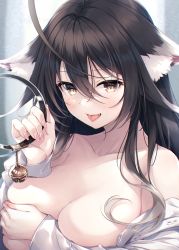 Rule 34 | 1girl, :p, absurdres, animal ears, bare shoulders, bell, black collar, black hair, blush, breasts, brown eyes, cleavage, close-up, collar, collarbone, hair between eyes, hasumi (hasubatake39), highres, holding, holding collar, large breasts, long hair, long sleeves, looking at viewer, neck bell, off shoulder, original, parted lips, setsuna (hasumi (hasubatake39)), shirt, tongue, tongue out, upper body, white shirt
