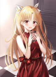 Rule 34 | 1girl, bad id, bad pixiv id, bare shoulders, blonde hair, blush, breasts, checkered floor, dress, earrings, ereshkigal (bitter sweet) (fate), ereshkigal (fate), fate/grand order, fate (series), harimoji, highres, hoop earrings, jewelry, long hair, looking at viewer, open mouth, parted bangs, red dress, red eyes, solo, two side up