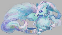 Rule 34 | alolan form, alolan ninetales, blue eyes, bow, bowl, bowtie, creatures (company), game freak, gen 7 pokemon, grey background, highres, nintendo, no humans, open mouth, pet bowl, pokemon, pokemon (creature), qqqb, simple background, solo, white fur