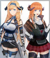 Rule 34 | 2girls, :d, arknights, bagpipe (arknights), bare shoulders, belt, black belt, black gloves, black skirt, blonde hair, blue eyes, blue hairband, blue necktie, border, braid, breasts, chinese commentary, commentary request, elbow gloves, fingerless gloves, gloves, grey background, grey border, hairband, hand on own hip, highres, holding, holding polearm, holding weapon, horns, jacket, lance, looking at viewer, medium breasts, miniskirt, multiple girls, necktie, nekonomi, open mouth, orange hair, outside border, plaid, plaid skirt, pleated skirt, pointy ears, polearm, red skirt, saileach (arknights), shirt, skirt, smile, thighhighs, twin braids, weapon, white legwear, white shirt, zettai ryouiki