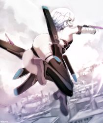 Rule 34 | 1girl, arm belt, ass, bandages, bandaged arm, bandages, belt, black belt, black panties, breasts, commentary, dagger, dual wielding, scar on face, fate/apocrypha, fate/grand order, fate (series), from behind, full body, gloves, green eyes, high heels, holding, holding knife, jack the ripper (fate/apocrypha), knife, looking at viewer, looking back, midair, nekoya (liu), panties, scar, scar on cheek, scar on face, short hair, shoulder tattoo, silver hair, single glove, small breasts, solo, tattoo, underwear, weapon