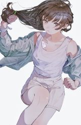 Rule 34 | 1girl, aspara, bandages, brown eyes, brown hair, collarbone, highres, long hair, looking at viewer, looking up, original, revision, shirt, shorts, simple background, solo, tank top, untying, white background, white shirt, wristband