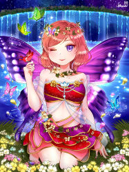 Rule 34 | 1girl, absurdres, artist request, bandeau, bare shoulders, blush, butterfly hair ornament, butterfly wings, clenched hand, collarbone, female focus, flower, flower necklace, frilled bandeau, frills, hair ornament, hand up, head wreath, highres, insect wings, jewelry, looking at viewer, love live!, love live! school idol festival, love live! school idol project, medium hair, nail, nail polish, necklace, nishikino maki, one eye closed, purple eyes, red bandeau, red hair, shawl, smile, solo, water, wings