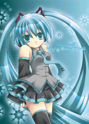 Rule 34 | 1girl, arms behind back, black footwear, black skirt, black sleeves, blue background, blue eyes, blue hair, blue nails, blue necktie, boots, breasts, character name, closed mouth, commentary request, copyright name, cowboy shot, detached sleeves, expressionless, grey shirt, hair ornament, halftone, hatsune miku, headphones, long hair, looking at viewer, medium bangs, medium breasts, miniskirt, morinaga hinase, necktie, pleated skirt, shirt, skirt, sleeveless, sleeveless shirt, solo, thigh boots, twintails, very long hair, vocaloid