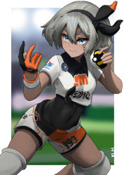 Rule 34 | 1girl, absurdres, bea (pokemon), blue eyes, bodysuit, bodysuit under clothes, breasts, commentary request, covered navel, creatures (company), dark-skinned female, dark skin, game freak, gloves, grey hair, gym leader, hair between eyes, hair ornament, hairband, highres, holding, holding poke ball, jtleeklm, medium breasts, nintendo, poke ball, pokemon, pokemon swsh, shirt, short hair, short sleeves, shorts, single glove, small breasts, smile, solo, ultra ball