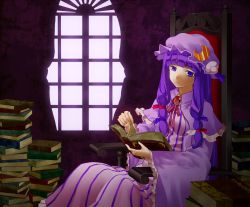 Rule 34 | 1girl, blush, book, book stack, bow, bowtie, brooch, capelet, chair, crescent, crescent hair ornament, crescent moon, dress, hair bow, hair ornament, hair ribbon, hat, hat bow, highres, hinoyama ena, hyounosen ena, indoors, jewelry, long hair, long sleeves, looking at viewer, mob cap, moon, patchouli knowledge, purple dress, purple eyes, purple hair, ribbon, robe, sitting, solo, striped clothes, striped dress, touhou, tress ribbon, wide sleeves, window