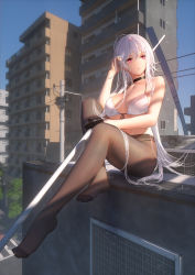 Rule 34 | 1girl, bare shoulders, between legs, black choker, black gloves, black panties, black pantyhose, bra, breasts, building, choker, cityscape, closers, crosswalk, front-tie top, gloves, hair between eyes, highres, large breasts, long hair, mirae (closers), no shoes, open mouth, original, panties, panties under pantyhose, pantyhose, pink eyes, power lines, signature, silver hair, single glove, sitting, sky, solo, swd3e2, sweat, tree, underwear, underwear only, white bra