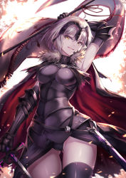 Rule 34 | 1girl, armor, armored boots, armored dress, backless dress, backless outfit, black cape, black dress, black thighhighs, boots, breasts, cape, cenangam, cowboy shot, dress, fate/apocrypha, fate/grand order, fate (series), fur collar, fur trim, gauntlets, headpiece, holding, holding weapon, jeanne d&#039;arc (fate), jeanne d&#039;arc alter (avenger) (fate), jeanne d&#039;arc alter (avenger) (first ascension) (fate), jeanne d&#039;arc alter (fate), large breasts, leotard, long hair, looking at viewer, platinum blonde hair, sidelocks, smile, solo, sword, thighhighs, weapon, yellow eyes, zettai ryouiki