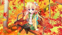 Rule 34 | 1girl, aqua bag, autumn, autumn leaves, backpack, bag, bench, black leggings, blonde hair, bow, breasts, bug, candy, cookie, dot nose, dragonfly, film grain, food, from above, game cg, green footwear, green jacket, green skirt, hasegawa mii, holding, holding cookie, holding food, insect, izumi tsubasu, jacket, leaf, leggings, licking lips, long hair, multicolored clothes, multicolored jacket, non-web source, official art, outdoors, park bench, plaid, plaid jacket, pole, purple eyes, re:stage!, shirt, skirt, small breasts, smile, solo, sparkling eyes, striped, striped bow, swing, tongue, tongue out, two side up, white shirt, wooden bench, yellow jacket