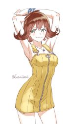Rule 34 | 1girl, banned artist, breasts, brown hair, closed mouth, dress, final fantasy, final fantasy viii, flipped hair, green eyes, looking at viewer, midori foo, selphie tilmitt, short hair, simple background, skirt, smile, solo, white background, yellow overalls, yellow skirt