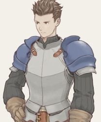 Rule 34 | 1boy, armor, brown eyes, brown gloves, brown hair, gloves, hand on own hip, long sleeves, simple background, solo, tactics ogre, upper body, vice bozeg, white background, windcaller