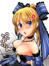 Rule 34 | 1girl, 300cm, :o, anger vein, angry, bare shoulders, blonde hair, blue eyes, blush, bouncing breasts, bow, breasts, choker, clothes pull, dress pull, fantasy earth zero, jewelry, necklace, nipples, no bra, pulled by self, solo, urokozuki