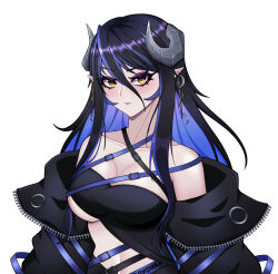 Rule 34 | 1girl, absurdres, bandeau, belt, black bandeau, black belt, black hair, black jacket, black skirt, blue belt, blue hair, blush, breasts, brown eyes, chest belt, cleavage, closed mouth, collarbone, curled horns, demon girl, demon horns, earrings, grey horns, hair between eyes, hebiyoi tier, hebiyoi tier (1st costume), highres, horns, jacket, jewelry, large breasts, long hair, long sleeves, looking at viewer, multicolored hair, nanashi inc., navel, off shoulder, open clothes, open jacket, pendramon, pointy ears, sidelocks, simple background, skirt, solo, sugar lyric, two-tone hair, underboob, upper body, v-shaped eyebrows, virtual youtuber, white background