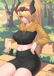 Rule 34 | 1girl, alternate costume, artist name, bike shorts, black jacket, black shorts, blonde hair, blush, breasts, collarbone, commentary, commission, contemporary, cropped jacket, day, dragon horns, forest, grin, hair ornament, hair over one eye, highres, hood, hooded jacket, hoodie, horns, jacket, large breasts, leaf, long hair, long sleeves, looking at viewer, midriff, multicolored jacket, nature, navel, orange jacket, original, outdoors, ponytail, shellvi, shorts, sitting, skindentation, smile, solo, stomach, tree, two-tone jacket, yellow eyes
