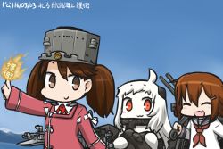 Rule 34 | 3girls, :d, abyssal ship, ahoge, aircraft, airplane, anchor, blue sky, brown eyes, brown hair, cannon, chibi, colored skin, commentary request, dated, day, closed eyes, fang, hair ornament, hairclip, hamu koutarou, horns, ikazuchi (kancolle), kantai collection, long hair, machinery, magatama, mittens, mountain, multiple girls, neckerchief, northern ocean princess, ocean, onmyouji, open mouth, red eyes, ryuujou (kancolle), school uniform, serafuku, short hair, sky, smile, translated, twintails, visor cap, white hair, white skin