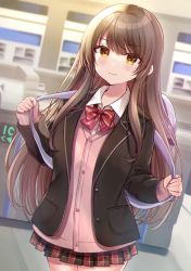 Rule 34 | &gt;:), 1girl, backpack, bad id, bad pixiv id, bag, black jacket, black skirt, blazer, blush, bow, brown eyes, brown hair, cardigan, closed mouth, collared shirt, commentary request, diagonal-striped bow, dress shirt, dutch angle, hair between eyes, highres, holding strap, indoors, jacket, long hair, long sleeves, minami saki, open clothes, open jacket, original, pink cardigan, plaid, plaid skirt, pleated skirt, red bow, school uniform, shirt, skirt, sleeves past wrists, smile, solo, tollway, v-shaped eyebrows, very long hair, white shirt