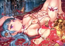 Rule 34 | 1girl, afloat, arm garter, arm up, bare legs, barefoot, blue hair, blunt bangs, bow, breasts, bridal garter, bug, butterfly, center opening, closed mouth, collarbone, curtains, earrings, foreshortening, frills, hair bun, insect, jewelry, knees up, lantern, lingerie, lips, long hair, looking at viewer, love live!, love live! sunshine!!, lying, medium breasts, miazi, navel, neck garter, nippleless clothes, nipples, on back, petals, pink bow, pink eyes, shiny skin, side bun, single hair bun, single side bun, smile, solo, sparkle, stomach, tsurime, tsushima yoshiko, underwear, underwear only, water, wrist cuffs