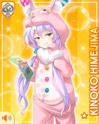Rule 34 | 1girl, animal costume, rabbit costume, card (medium), character name, closed mouth, easter, food-themed hair ornament, girlfriend (kari), hair ornament, himejima kinoko, long hair, mushroom, official art, purple hair, qp:flapper, smile, solo, standing, tagme, twintails, v-shaped eyebrows, very long hair, yellow background, yellow eyes