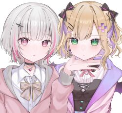 2girls asumi_sena asumi_sena_(4th_costume) black_choker blonde_hair blunt_bangs bow bowtie cattleya_regina_games choker closed_mouth collared_shirt colored_inner_hair earrings green_eyes hair_bow hair_ornament hairpin heart_pendant highres iris_black_games jacket jewelry kurumi_noah kurumi_noah_(1st_costume) kurumi_noah_(3rd_costume) long_sleeves multicolored_hair multiple_girls multiple_hairpins neck_ribbon open_clothes open_jacket open_mouth parted_bangs partially_open_jacket pendant_choker pink_eyes pink_jacket purple_hair ribbon shirt sidelocks sleeveless sleeveless_shirt streaked_hair two_side_up upper_body virtual_youtuber vspo! wavy_hair white_background white_hair white_shirt wings wolf_cut yuru._(m29125567)