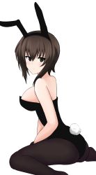 Rule 34 | 1girl, absurdres, aikir (jml5160), alternate costume, ass, bare shoulders, blush, breasts, brown eyes, brown hair, rabbit tail, from side, girls und panzer, hair between eyes, highres, looking at viewer, nishizumi maho, pantyhose, playboy bunny, short hair, sideboob, sitting, solo, tail, thighs, wariza, white background