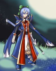 Rule 34 | 1girl, arc system works, blazblue, blazblue: calamity trigger, blue eyes, blue footwear, blue hair, boots, bow, cirno, cosplay, hair bow, jas (artist), jin kisaragi (cosplay), kisaragi jin, matching hair/eyes, power connection, short hair, solo, sword, touhou, weapon, yukianesa