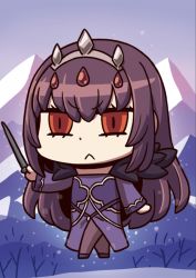 Rule 34 | &gt;:(, 1girl, :&lt;, april fools, chibi, dress, fate/grand order, fate (series), floating, highres, holding, holding wand, long hair, mountain, official art, pantyhose, purple dress, purple hair, red eyes, riyo (lyomsnpmp), scathach (fate), scathach skadi (fate), snowing, solo, tiara, wand