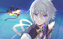 Rule 34 | 1boy, blue eyes, blush, chinese clothes, csyday, derivative work, fate/grand order, fate (series), gradient hair, grey hair, hair between eyes, horned mask, light, looking at viewer, male focus, mask, unworn mask, meme, multicolored hair, parted bangs, prince of lan ling (fate), sailor moon redraw challenge (meme), screenshot redraw, solo, upper body