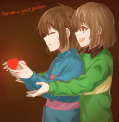 Rule 34 | androgynous, brown hair, chara (undertale), closed eyes, collared shirt, english text, frisk (undertale), gender request, gradient background, heart, makise minami, open mouth, red eyes, shirt, spoilers, striped clothes, striped sweater, sweater, undertale, upper body