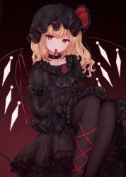 Rule 34 | 1girl, alternate costume, ascot, bebitera, black ascot, black background, black choker, black dress, black hat, black pantyhose, blonde hair, brown background, buttons, choker, collarbone, commentary request, crystal, dress, eyelashes, eyes visible through hair, fang, fangs, flandre scarlet, frills, gem, gothic lolita, gradient background, hair between eyes, hat, hat ribbon, highres, jewelry, juliet sleeves, lolita fashion, long sleeves, looking to the side, mob cap, multicolored wings, one side up, open mouth, pantyhose, puffy long sleeves, puffy sleeves, red eyes, red gemstone, red ribbon, ribbon, short hair, sitting, solo, tape, touhou, wings