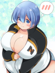 Rule 34 | 1girl, absurdres, alternate costume, arm under breasts, belly, big belly, black jacket, blue background, blue eyes, blue hair, blue panties, blunt bangs, blush, borrowed clothes, breasts, cleavage, closed mouth, commission, cosplay, embarrassed, fat, female focus, highres, huge breasts, jacket, kurokaze no sora, long sleeves, looking at viewer, matching hair/eyes, motion lines, natsuki subaru, natsuki subaru (cosplay), panties, pantyshot, pixiv commission, re:zero kara hajimeru isekai seikatsu, rem (re:zero), shirt, short hair, simple background, solo, sweatdrop, thighs, thought bubble, track jacket, undersized clothes, underwear, upper body, white jacket