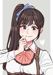Rule 34 | 1girl, akamirai, assault lily, black eyes, blue ribbon, blush, bow, bowtie, brown eyes, closed mouth, collared shirt, commentary request, corset, cosplay, grey background, hair ribbon, hand on own chin, hands up, heart, high ponytail, highres, houjou monica asahi, houjou monica asahi (cosplay), long hair, long sleeves, looking at viewer, ludvico private girls&#039; academy school uniform, outside border, outstretched arm, photo-referenced, pillarboxed, pink bow, pink bowtie, reaching, reaching towards viewer, real life, ribbon, saitou airi, school uniform, selfie, shirt, side ponytail, smile, solo, suspenders, underbust, upper body, voice actor connection, white shirt