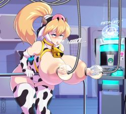 Rule 34 | 1girl, 2021, ahegao, alternate body size, alternate breast size, alternate costume, animal print, arm support, bare shoulders, blonde hair, blue eyes, blurry, blush, breastless clothes, breastless leotard, breasts, breasts out, cameltoe, capcom, ciel (mega man), coffee machine, cow girl, cow print, cow print gloves, cow print thighhighs, cowbell, cup, curvy, depth of field, disposable cup, elbow gloves, fake horns, feet out of frame, gloves, high ponytail, highres, hologram, horned headwear, horns, huge breasts, iced latte with breast milk (meme), indoors, lactation, large areolae, leaning forward, legs together, llmixll, long hair, mega man (series), mega man zero (series), meme, milking, milking machine, neck bell, nipples, pig nose, pig snout, print gloves, print thighhighs, profanity, puffy areolae, railing, skindentation, solo