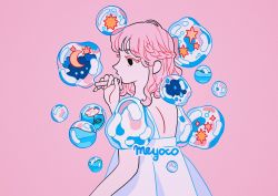 Rule 34 | 1girl, artist name, bad id, bad twitter id, braid, bubble, blowing bubbles, cloud, crescent moon, eyebrows, flower, leaf, liquid, medium hair, meyoco, moon, original, partially submerged, pink background, pink flower, pink hair, profile, puffy short sleeves, puffy sleeves, short sleeves, simple background, solo, upper body, white sleeves