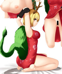 Rule 34 | 1girl, antlers, barefoot, blonde hair, blush, breasts, china dress, chinese clothes, doge (jkdoge), dragon tail, dress, highres, horns, kicchou yachie, medium breasts, red dress, short hair, soles, tail, touhou
