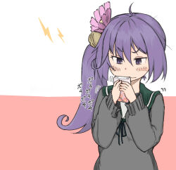 Rule 34 | 1girl, absurdres, akebono (kancolle), bell, blush, closed mouth, flower, green sailor collar, hair bell, hair between eyes, hair flower, hair ornament, highres, holding, kantai collection, lightning bolt symbol, long hair, long sleeves, matsuge916, pink flower, ponytail, purple eyes, purple hair, sailor collar, side ponytail, simple background, solo, two-tone background, upper body, wavy mouth