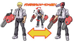Rule 34 | 1boy, absurdres, action figure, black necktie, black pants, blonde hair, chainsaw, chainsaw man, chaki (teasets), collared shirt, commentary request, denji (chainsaw man), highres, hybrid, monster boy, necktie, pants, pochita (chainsaw man), sharp teeth, shirt, shirt tucked in, short hair, simple background, solo, teeth, toy, transformation, translation request, white background, white shirt