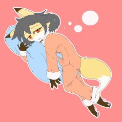 Rule 34 | artist request, black hair, fox, furry, highres, open mouth, pajamas, red eyes, short hair