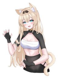Rule 34 | 1girl, :d, animal ear fluff, animal ears, aqua eyes, bandages, bandeau, black gloves, black hairband, blonde hair, blush, cat ears, cat tail, chest sarashi, claw pose, commentary request, cropped torso, fang, fingerless gloves, gloves, hair between eyes, hairband, hip vent, hololive, kazama iroha, kemonomimi mode, long hair, looking at viewer, midriff, open mouth, rein (sakuramio), sarashi, short sleeves, shrug (clothing), simple background, skin fang, smile, solo, strapless, tail, tube top, upper body, very long hair, virtual youtuber, white background