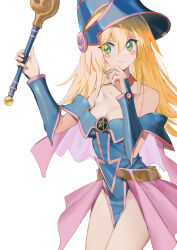 Rule 34 | 1girl, blonde hair, closed mouth, dark magician girl, green eyes, hat, highres, holding, holding wand, long hair, looking at viewer, simple background, smile, solo, wand, white background, witch hat, yamamura saki, yu-gi-oh!
