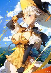 Rule 34 | 1girl, ahoge, artist name, black gloves, blue sky, blush, breasts, brooch, capelet, cleavage, closed mouth, cloud, confetti, cowboy shot, day, dress, dress tug, eyebrows, eyelashes, gloves, hat, unworn hat, unworn headwear, jewelry, large breasts, looking away, motion blur, mountain, one eye closed, original, outdoors, purple eyes, ribbon, shading eyes, short hair, short sleeves, sideboob, sky, solo, standing, sukja, white hair, wide sleeves, wind, witch hat, wrist cuffs, yellow dress, yellow ribbon