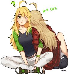 Rule 34 | 2girls, ?, artist name, bad id, bad pixiv id, belt, blonde hair, dual persona, full body, hoshii miki, idolmaster, idolmaster (classic), indian style, korean text, long hair, lowres, multiple girls, one eye closed, pants, plaid, rod (rod4817), shoes, shorts, simple background, sitting, sneakers, translation request, white background