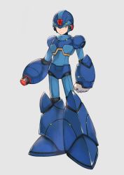 Rule 34 | 1boy, arm cannon, armor, blackball, clenched hand, closed mouth, glowing, green eyes, grey background, helmet, male focus, mega man (series), x (mega man), mega man x (series), pauldrons, shoulder armor, simple background, solo, standing, weapon