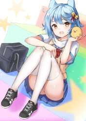 Rule 34 | 1girl, absurdres, animal, animal ears, aqua hair, azur lane, bag, bell, bird, bookbag, chibi, chick, dog ears, dutch angle, fubuki (5 minutes till i&#039;m late) (azur lane), fubuki (azur lane), hair bell, hair ornament, hairclip, hand on own knee, highres, holding, holding animal, holding bird, in palm, knees together feet apart, looking at viewer, miniskirt, open mouth, panties, pantyshot, pink panties, pleated skirt, school uniform, shoes, short hair, short sleeves, shou jian yu, sitting, skirt, sneakers, solo, standing, star (symbol), thighhighs, thighs, underwear, vest, white thighhighs, yellow eyes