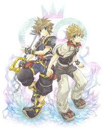 Rule 34 | 2boys, belt, black jacket, black shorts, blonde hair, blue eyes, brown hair, chain necklace, cropped jacket, crown, fingerless gloves, full body, gloves, hair between eyes, holding, holding weapon, hood, hooded jacket, jacket, jewelry, keyblade, kingdom hearts, kingdom hearts ii, male focus, multiple boys, necklace, pants, roxas, shichimiso, short hair, shorts, smile, sora (kingdom hearts), spiked hair, thigh strap, two-tone pants, weapon, white jacket, wristband