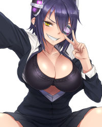 Rule 34 | 10s, 1girl, breasts, cleavage, eyepatch, grin, highres, kantai collection, large breasts, mob3, purple hair, sharp teeth, simple background, smile, solo, spread legs, teeth, tenryuu (kancolle), v, white background, yellow eyes